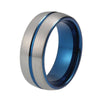 Royal Blue Silver Grey Coated Tungsten Carbide Brushed Matte Grooved stripped Center Wedding Band