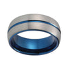 Royal Blue Silver Grey Coated Tungsten Carbide Brushed Matte Grooved stripped Center Wedding Band