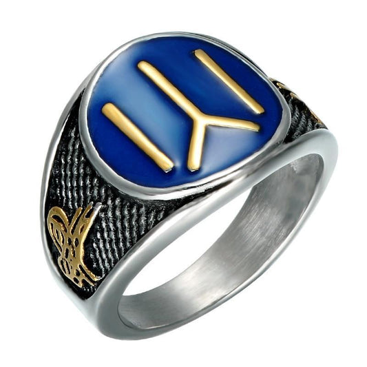 16.5mm Silver, Gold, Black, and Blue Accented Stainless-Steel Ottomans Seal Kayi Ertugrul Men’s Wedding Band - Innovato Store