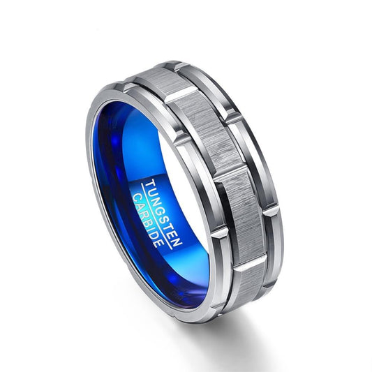 8mm Brick Brushed Pattern Tungsten carbide with Blue Color Wedding Ring - Innovato Store