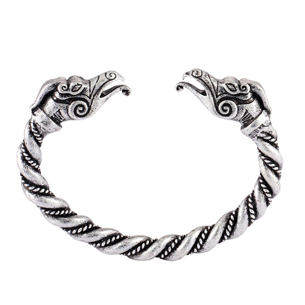 Vintage Silver Plated Handmade Norse Viking Double Dragon Heads Twisted Chunky Arm Bracelet