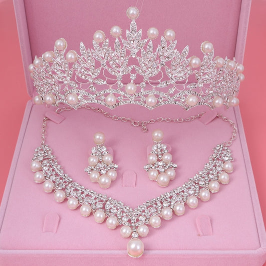 Crystal, Pearl and Rhinestone Tiara, Necklace & Earrings Jewelry Set