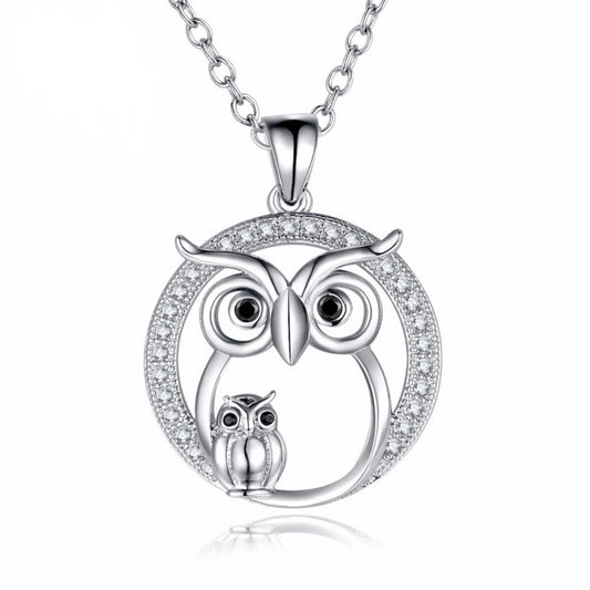 Silver Cubic Zirconia Mom and Baby Owl Pendant Necklace