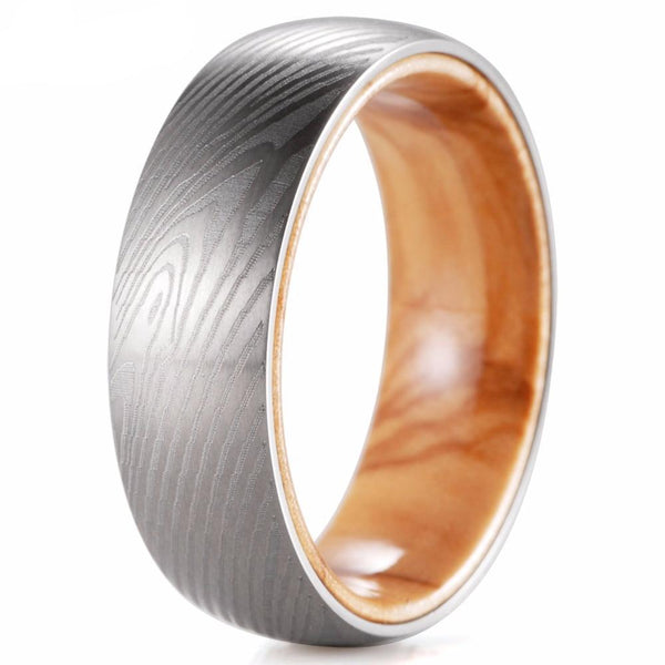 Titanium Matte Finish Fingerprint Pattern 8mm Ring for Men with Mahogany Koa Wood Inlay