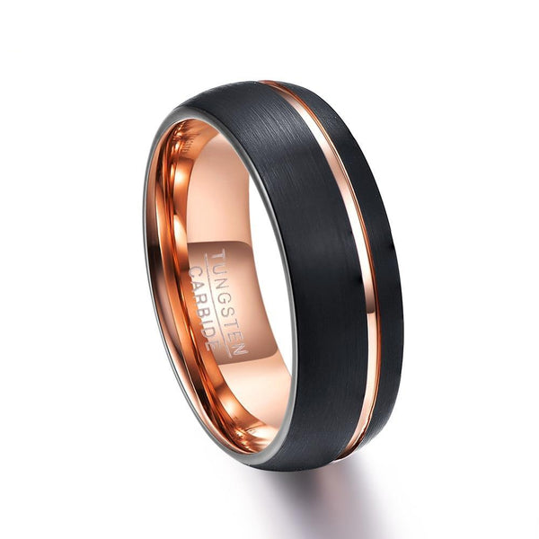 Rose Color Coated Tungsten Carbide with Offset Brushed Matte Surface and Groove Ring