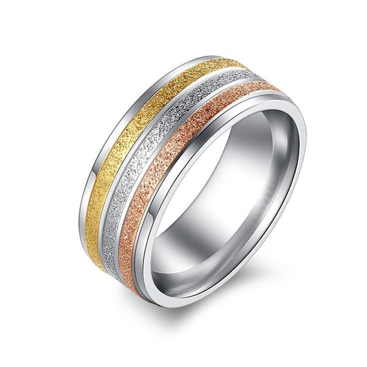 Stainless Steel High Polished Shiny Ring for Women with Three Colors Gold Silver and Pink Shiny Lines Inlay