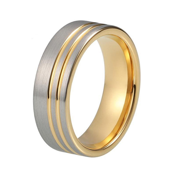 Unequaled Strip Brushed Matte Silver Coated Tungsten Gold Coated Grooved Pipe Cut Wedding Band