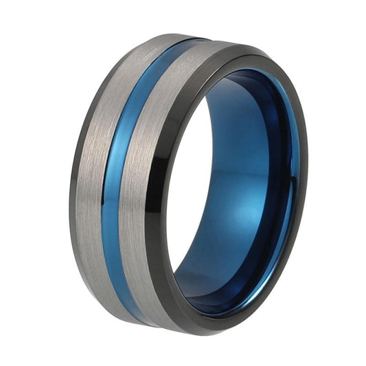 8mm Black and Blue Silver Brushed Matte Tungsten Carbide Ring - Innovato Store