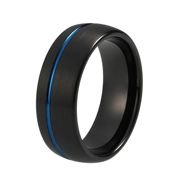 Black Brushed Matte & Polished Tungsten Carbide Band with Thin Blue Stripe Wedding Ring - Innovato Store