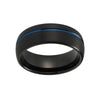 Black Brushed Matte & Polished Tungsten Carbide Band with Thin Blue Stripe Wedding Ring - Innovato Store