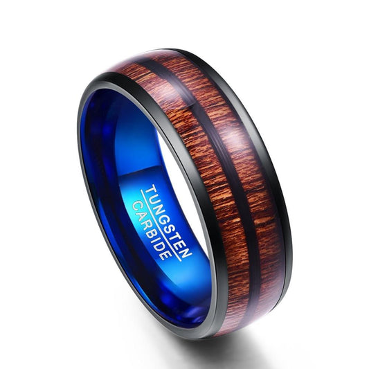 Dome Shape Wood Inlay with Black Tungsten Metal and Blue Lining Wedding Ring - Innovato Store