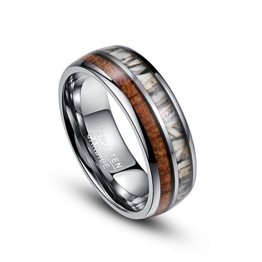 8mm White Camouflage and Plain Wood Inlay Tungsten Carbide Ring - Innovato Store