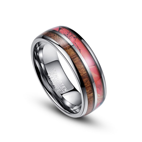 Two Tone Rose and Wood Inlay with White Silver-Tungsten Carbide Wedding Rings