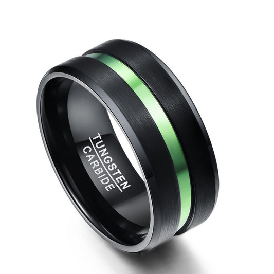 10mm Black Tungsten Carbide with Dual Brushed Matte Surface and Green Inlay Rings - Innovato Store