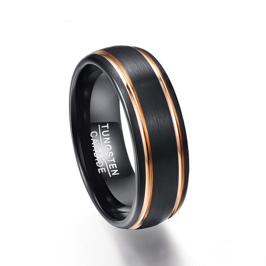 8mm Classic Black Brushed Matte Tungsten Carbide with Two Gold Plated Stripes Wedding Ring - Innovato Store