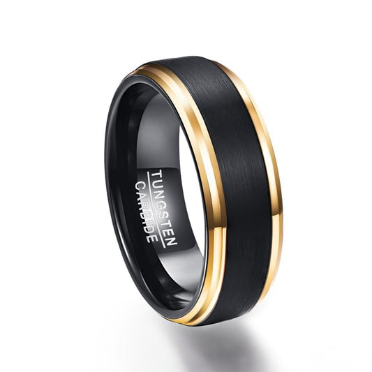 Pure Tungsten Carbide with Stepped Brushed Matte Center with Gold Plated Edges Wedding Ring