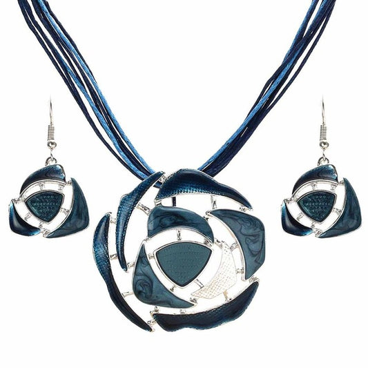 Vintage Enamel Gem Multilayer Leather Chain Necklace & Earrings Jewelry Set