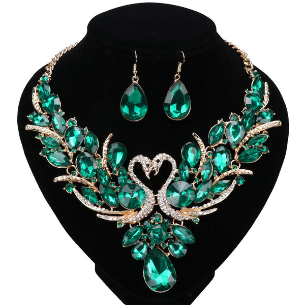 Green Crystal and Double Swan New Collier Necklace & Earrings Jewelry Set