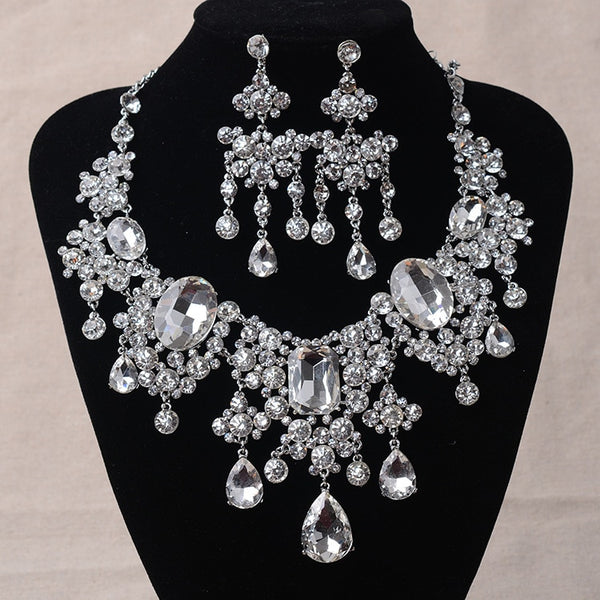 Big Rhinestone and Crystal Necklace & Earrings Classic Indian Jewelry Set
