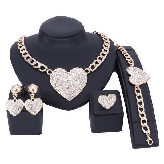 Crystal and Rhinestone Heart Necklace, Bracelet, Earrings & Ring Jewelry Set