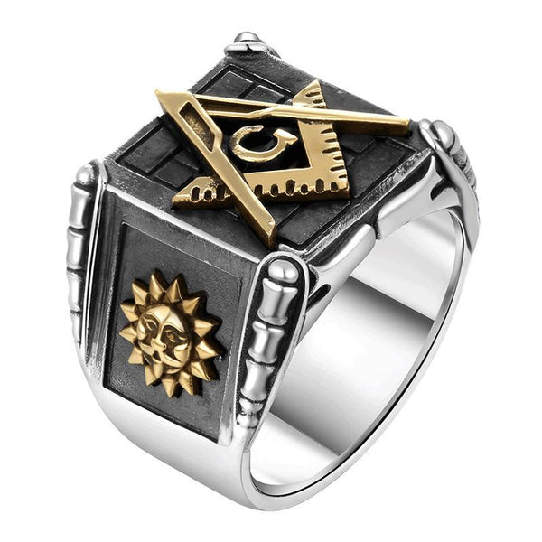 Black Stainless Steel Freemason Square and Compasses, Moon and Sun Ring - Innovato Store