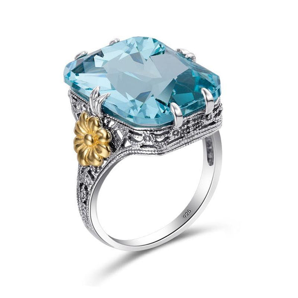 925 Sterling Silver with Gold Plated Flower and Sky Blue Crystal Women’s Engagement and Wedding Ring - Innovato Store