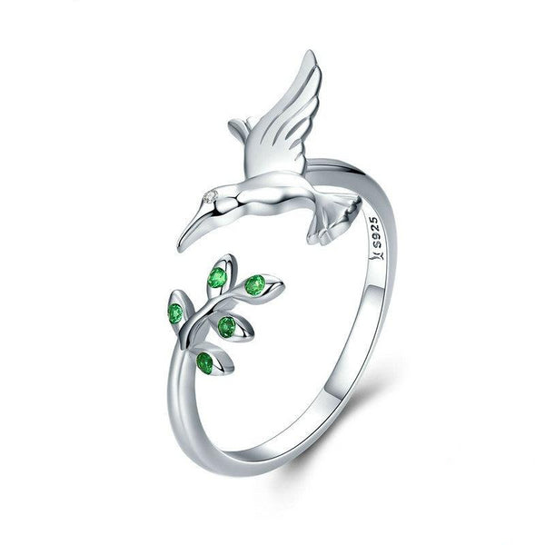 925 Sterling Silver Hummingbird & Green Leaves Ring