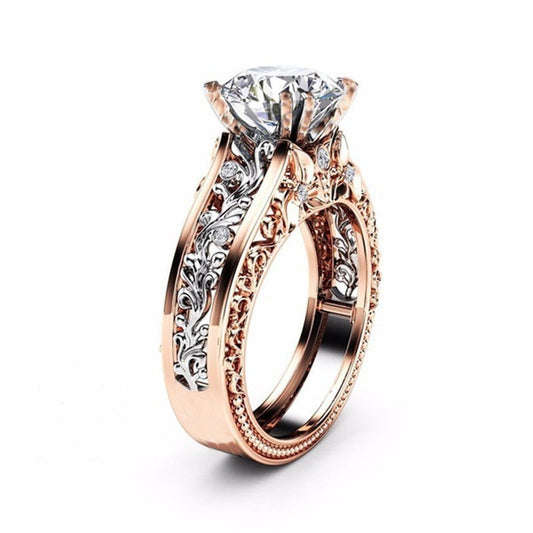 Rose Gold Plated Engagement Ring for Women with White Gold Color Leaf Design Inlay and Big Central Square Zircon