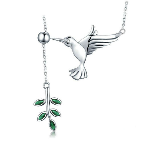 925 Sterling Silver Hummingbirds Bird with Green Willow Twig Pendant Necklace