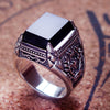 925 Sterling Silver Black Onyx Zircon Ring with Engraved Flower - Innovato Store