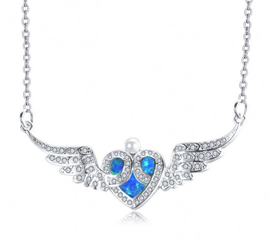 925 Sterling Silver White and Blue Fire Opal Heart with Angel Wings Pendant Necklace