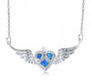 925 Sterling Silver White and Blue Fire Opal Heart with Angel Wings Pendant Necklace