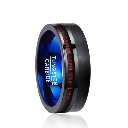 Blue and Black Brushed Matte Surface Tungsten Carbide Rings with Wood Inlay - Innovato Store