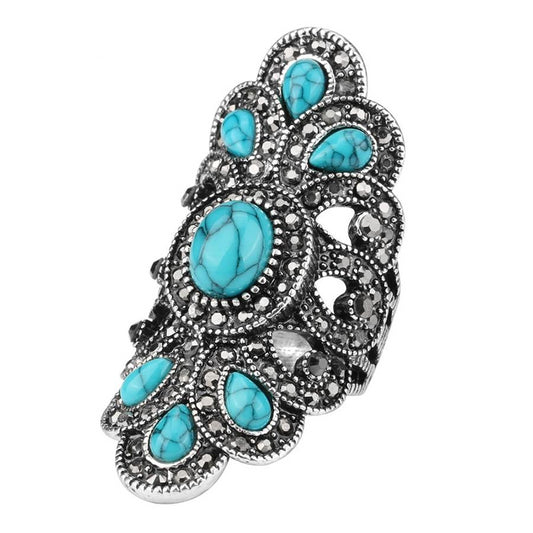 Blue Stone and Black Crystal Peacock Ring For Women