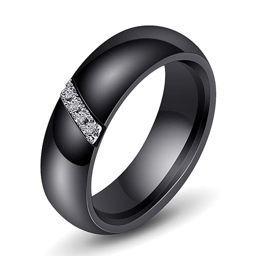 6mm Black or White Ceramic Wedding Ring for Women with Silver Tone Inlay and Round Zircons - Innovato Store
