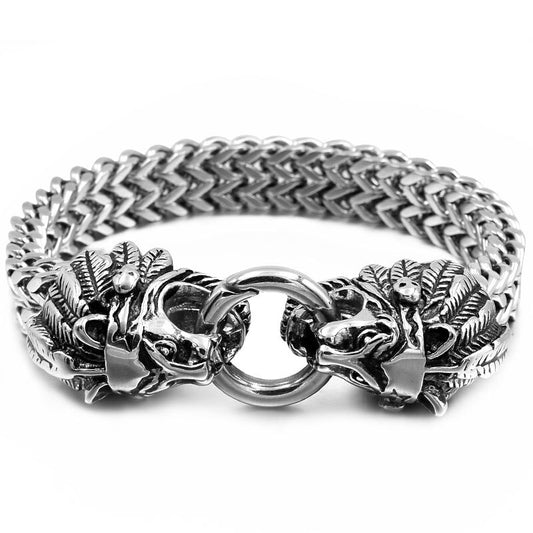 Large Stainless Steel Tribal Indian Lion Chain Link Bracelet for Men