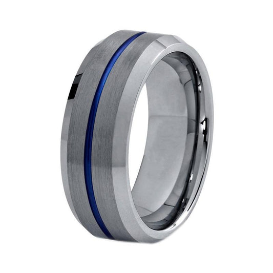 8mm Silver Brushed Matte Beveled Ring with Blue line Tungsten Carbide Ring - Innovato Store