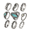 Antique Retro Bohemian Set of 13 Rings for Women with Flower and Geometric Design and Blue Tone Rhinestone - Innovato Store