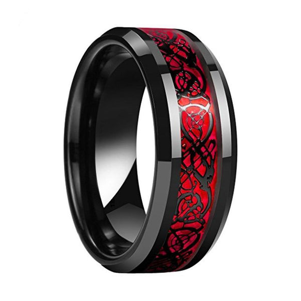 Red Opal and Black Dragon Inlay Tungsten Wedding Band Unisex