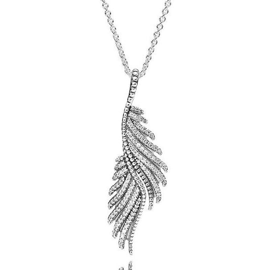 925 Sterling Silver Majestic Feathers With Clear Cubic Zirconia Necklace