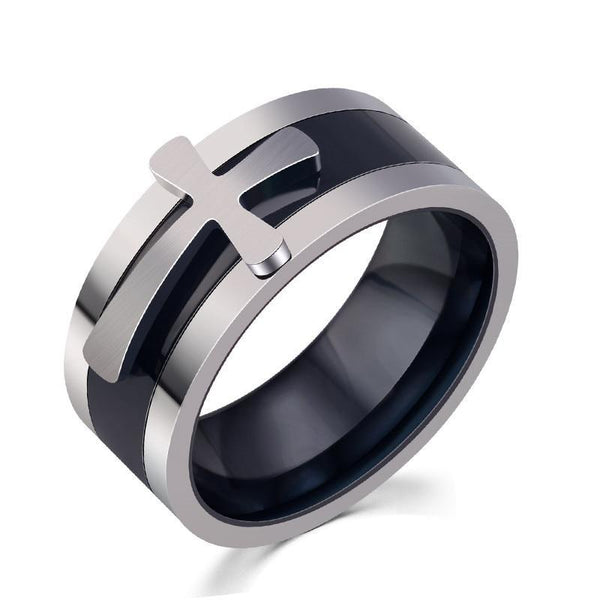 9.5mm Silver Toned Stainless Steel with Black Toned Inlay Cross Knights Templars Unisex Wedding Band - Innovato Store