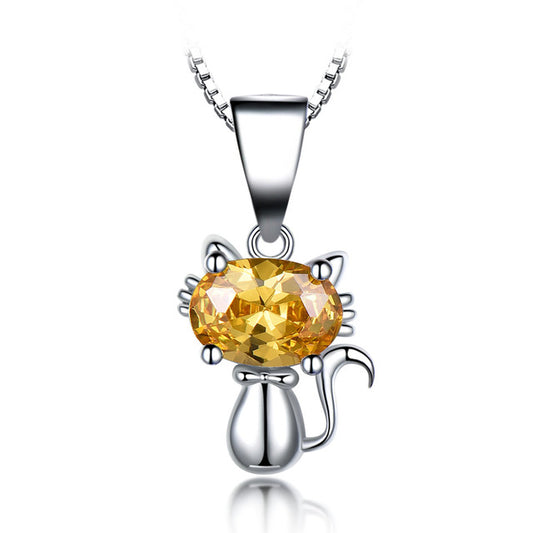 Cat Citrine 925 Sterling Silver Cartoon Pendant Necklace