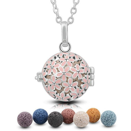 Light Pink Floral Design Essential Oil Diffuser Ball Shape Locket Necklace