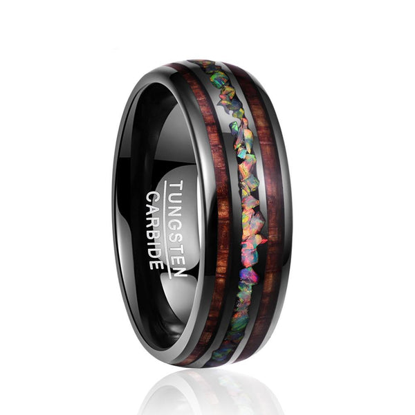 8mm Black Tungsten Carbide with Hawaiian Wood Inlay and Opal Filled Center Wedding Ring - Innovato Store