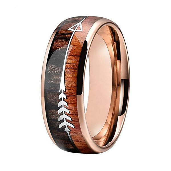 Men and Women Gloss Finish Wood Inlay Arrow Design Rose Gold Tungsten Wedding Band - Innovato Store