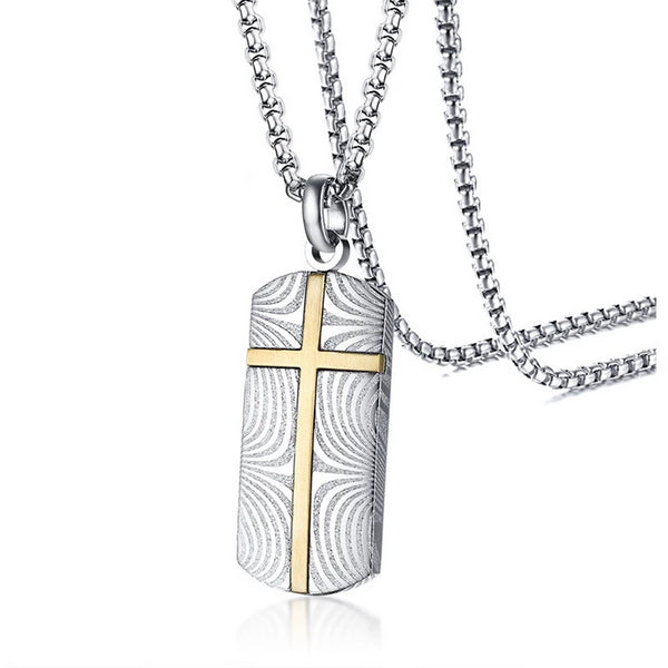 Vintage Damascus Steel with Engraved Cross Pendant Necklace