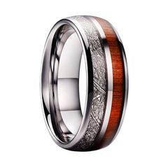 Tungsten Ring with Real Wood and Silver Meteorite Inlay