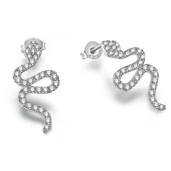 Platinum Silver Snake with Cubic Zirconia Stud Earrings