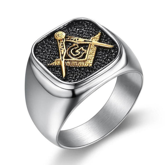 Stainless Steel Freemason Ring with Black Rough Inlay with a Gold Plated Symbol Imprint Ring