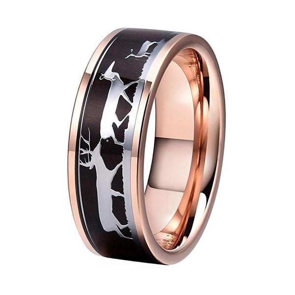 Dark Wood Inlay with Rein Deer Drawings on Rose Color Gold Coated Tungsten Carbide Ring - Innovato Store